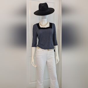 Nine West Navy and White Geometric Blouse PL